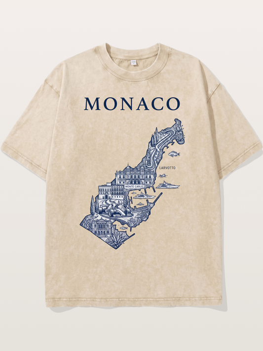 Monaco National Map Circuit Illustration Washed T-shirt