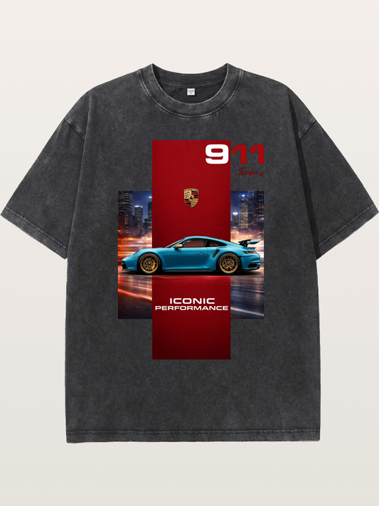Porsche 911 Turbo S Blue Iconic Washed T-shirt