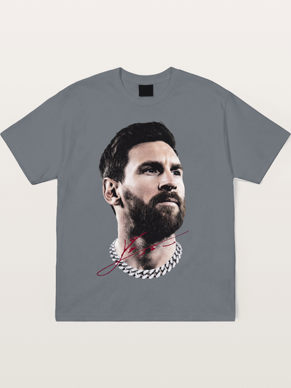 Messi Black White Signature Portrait Cotton T-shirt