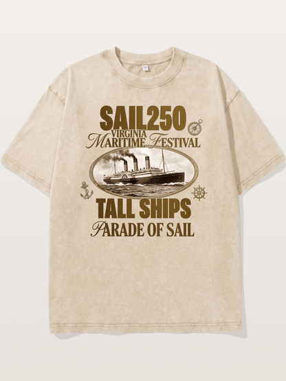 Vintage Sail Ship Maritime Print Washed T-shirt
