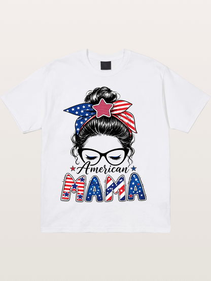 American Mama Messy Bun Art Cotton T-shirt
