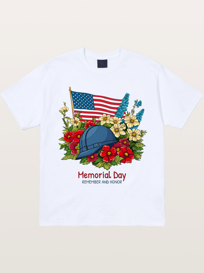 Memorial Day Flowers Helmet American Flag Gildan T-shirt