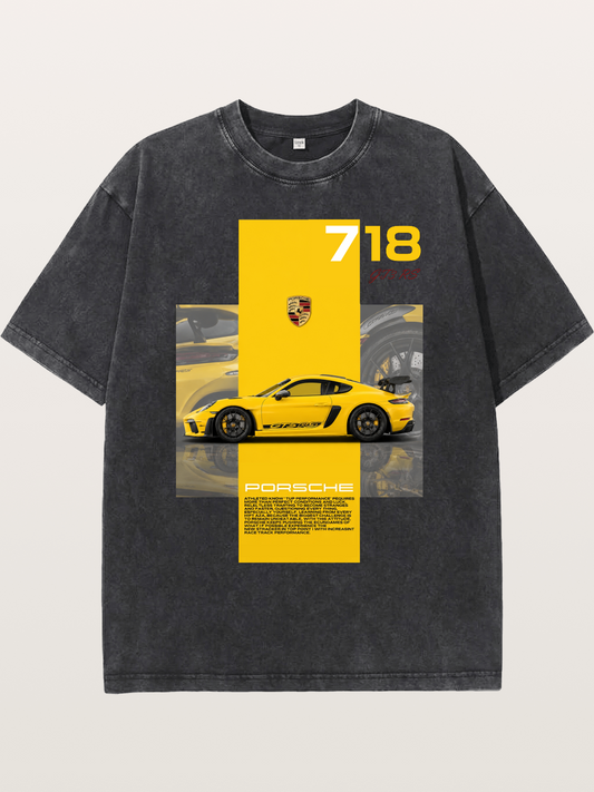 Porsche 718 GT4 RS Yellow Sports Car Washed T-shirt