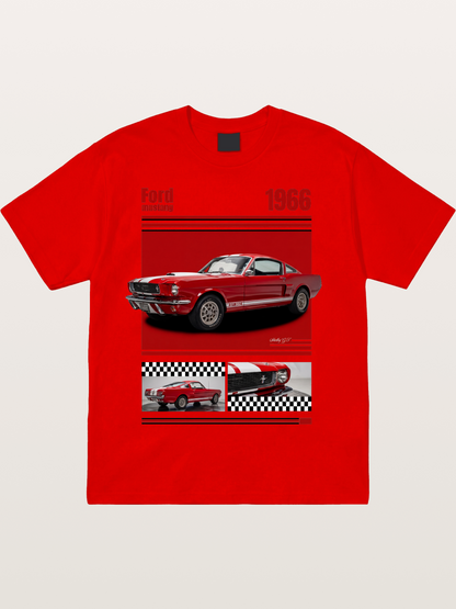 1966 Ford Mustang Fastback Red White Cotton T-shirt