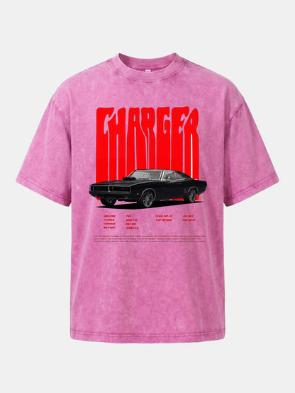 Red Charger Retro Muscle Print Washed T-shirt