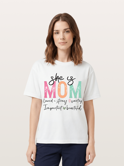 She is Mom Boho Pastel Print Cotton T-shirt