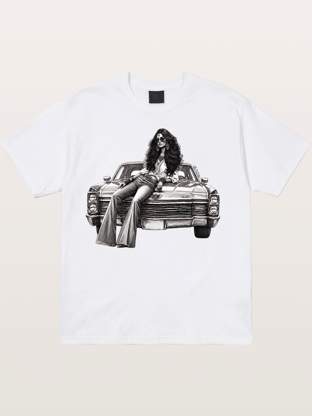 Retro Cadillac & Woman Sketch Cotton T-shirt