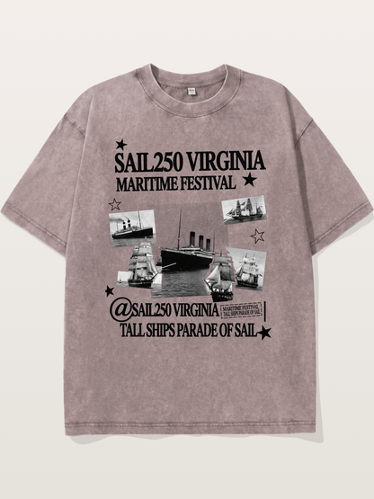 Collage Black White Sailboat Card Washed T-shirt