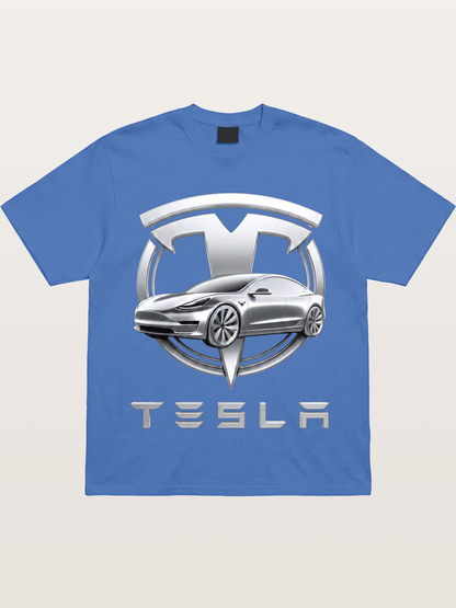 Tesla Silver Metallic Logo Print Gildan T-shirt