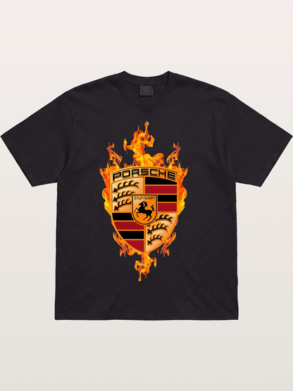 Porsche Crest Fire Flame Design Cotton T-shirt