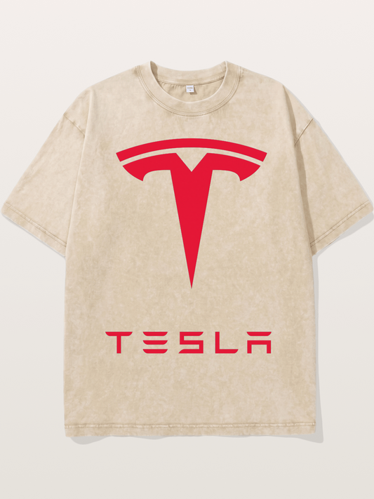 Tesla Red Logo Sticker Washed T-shirt