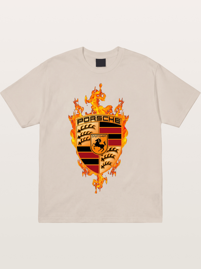 Porsche Crest Fire Flame Design Cotton T-shirt