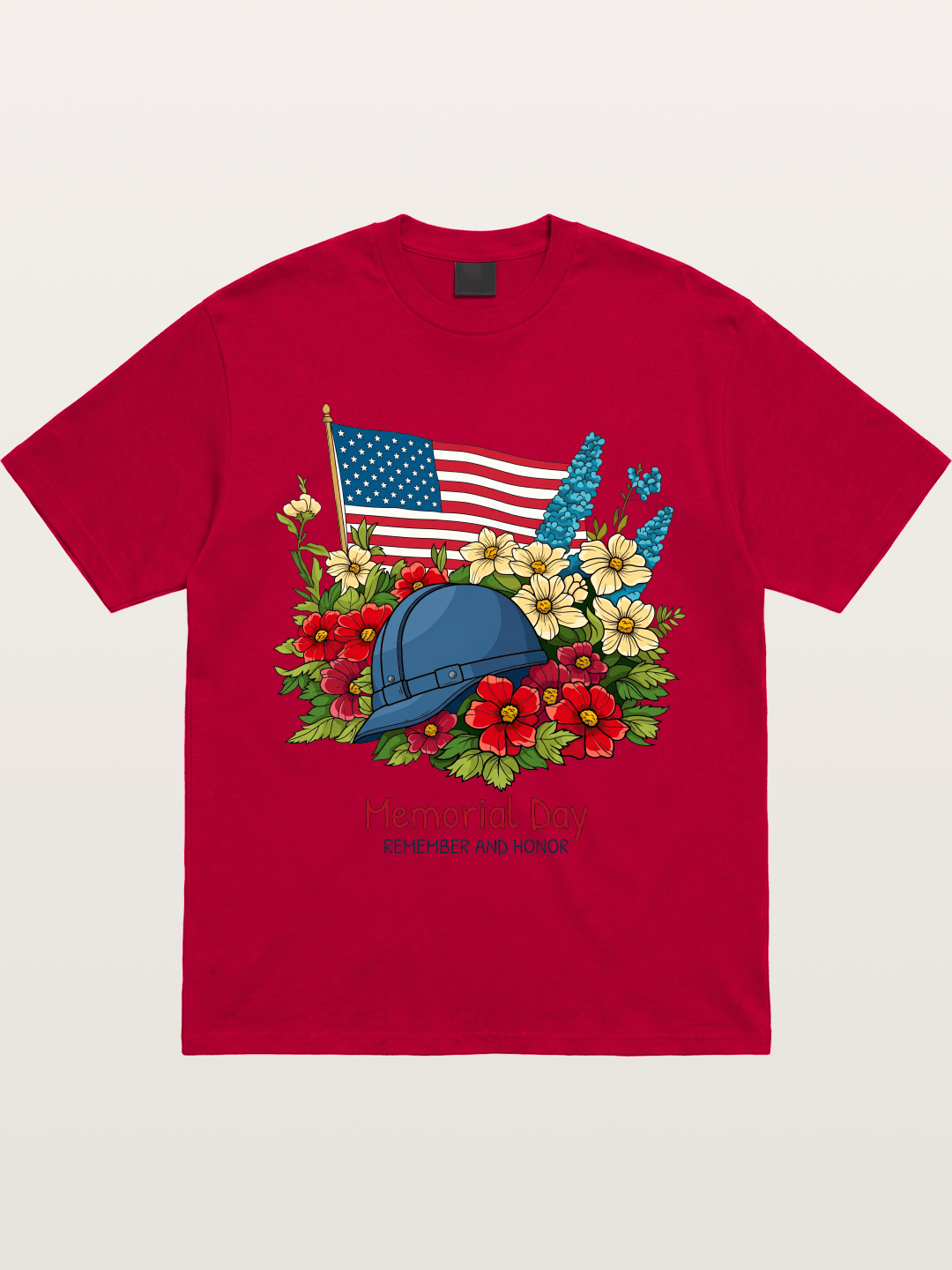 Memorial Day Flowers Helmet American Flag Gildan T-shirt
