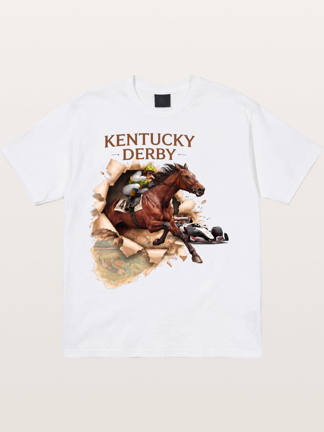 Derby Horse & Race Car Collage Design Cotton T-shirt