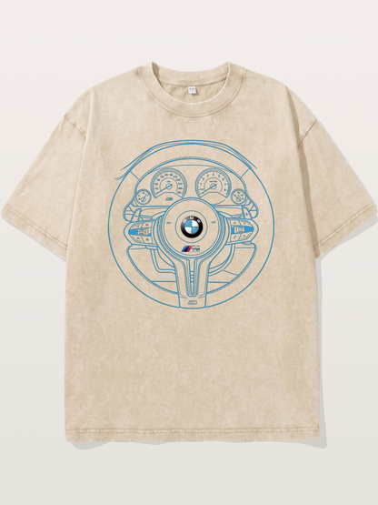 BMW M Vintage Steering Wheel Draft Washed T-shirt